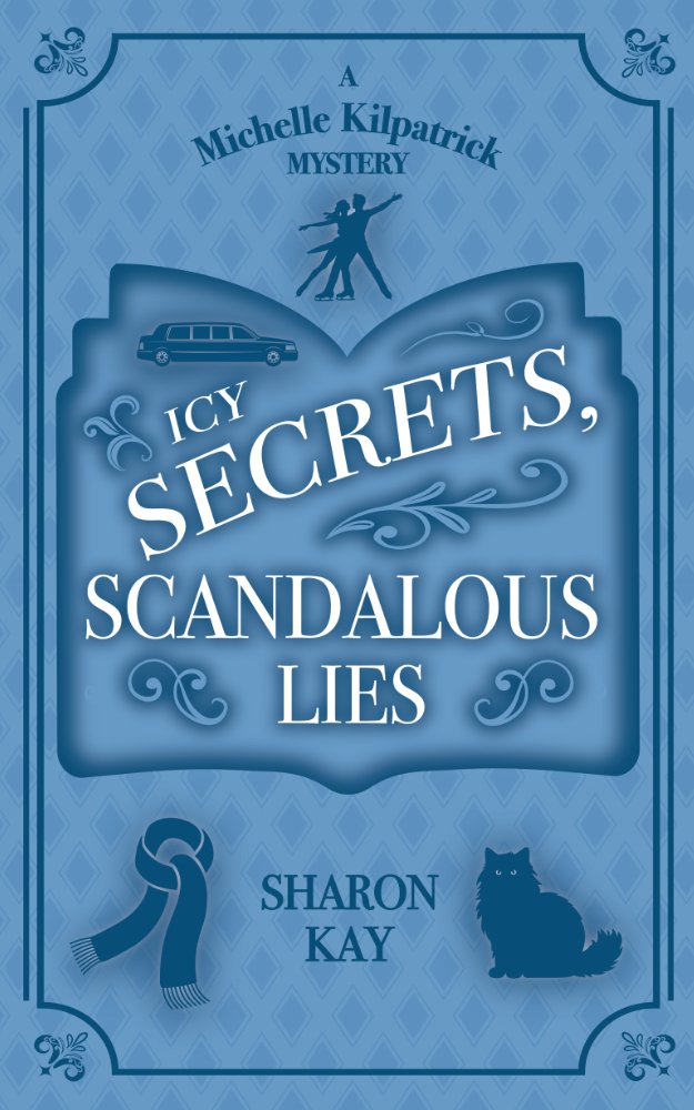 Blue cover for the third book in the Michelle Kilpatrick Mystery series-Icy Secrets, Scandalous Lies, a retro cozy college mystery